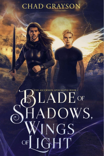 Cover - Blade of Shadows, Wings of Light by Chad Grayson - illustration of two white men side by side, one in body-fitting black armor, with ling brown hair, short beard and moustachek and holding a sword, the other blonde with a black t-shirt and white wings, in front of a desert scene with ruins and a rising full yellow moon