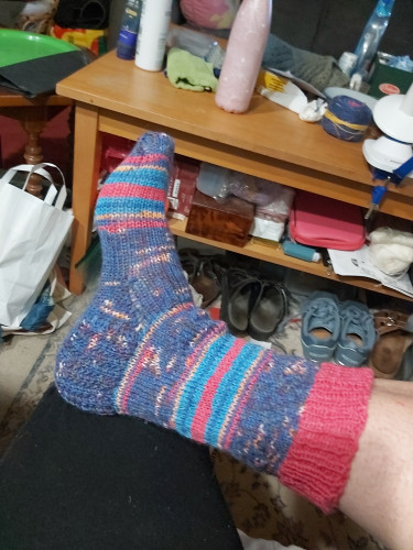 Knitted socks, pink and blue