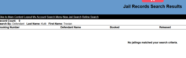 A search result page from the Fulton County jail. It has a blue banner at the top saying "Jail Records Search Results." Below that are the results in black text on white background, showing zero records returned for Trevian Kutti.