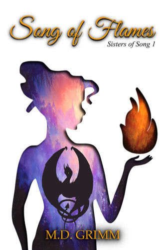 Cover - Song of Flames by M.D. Grimm - Silhouette of a woman from the side, hair piled on top of her head, looking at her open palm where a ball of flame rests; silhouette filled with a purple and orange gradient of trees and a black silhouette of a dragon; white background