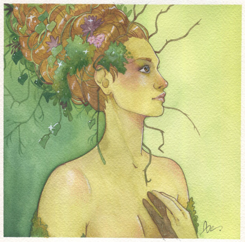 Une peinture carrée représentant une femme de trois quart aux cheveux roux emmêlées de mousse et feuillages. Sa main est couverte d'écorce d'arbre.