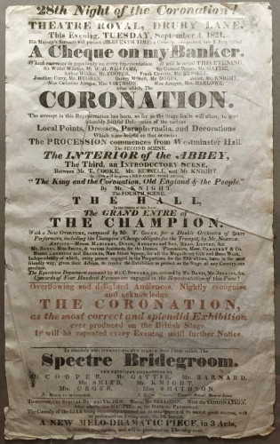 small broadside for 

28th Night of the Coronation, September 4, 1821

lists a reenactment of the coronation festivities as well as several theatrical productions

a tightly packed jumble of typefaces and letter sizes