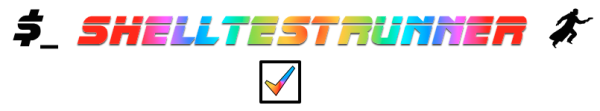 ShellTestRunner’s logo: the name in blade runner font, flanked by three symbols: dollar sign for shell, a checked box for test, and the raincoated blade runner figure.