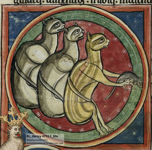 Picture from a medieval manuscript: Three cats, one mouse, they all look tired