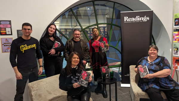 Some of the authors and the two editors of This Fresh Hell posing at Readings in Emporium Melbourne with their anthology.