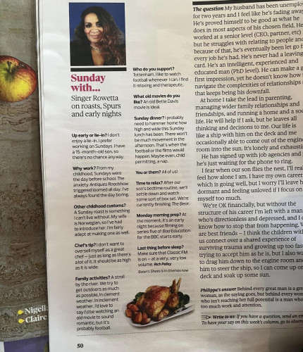 Photo of page from Observer newspaper supplement, with a photo of Rowetta and the heading:
Sunday with…
Singer Rowetta on roasts, Spurs and early nights
The printed answers are not from Rowetta but seem to be from actor Mathew Horne.