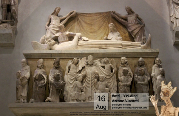 The picture shows a stone coffin with a reclining figure on top. The front is decorated with various figures in an investiture scene