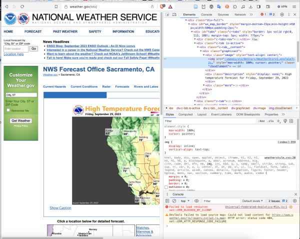 Screenshot of webpage for the Sacramento, CA office of the US National Weather Service. The Inspect feature on Brave browser shows that the image has no alt text or image description. All the data given to sighted people is kept from those who use screenreading software (blind and low vision folks as well as  others who cannot look at or read the images for some reason).