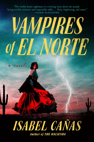 Book cover showing a Latina woman in a red dress with cacti and lightening