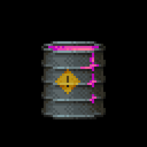 Pixel art metal barrel with a yellow warning sign and pink slime dripping down the side.
