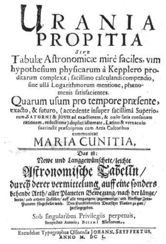 Printed title page of Urania Propitia, published by Maria Cunitz in 1650.