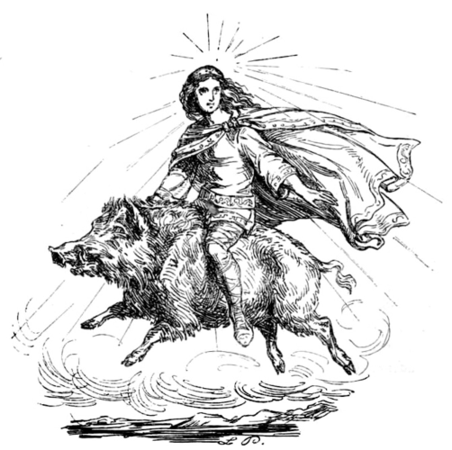 Freyja riding Hildisvíni, a wild looking, flying boar. As one does. TGIF!