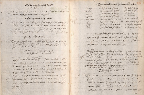 Handwritten opening of text written in black ink that contains the Thirty-nine Articles that helped a) to define the doctrine of the Church of England, and b) to standardise the English language. Two small paw-prints of the size of cat's paws are visible in the inner margin of the right page.