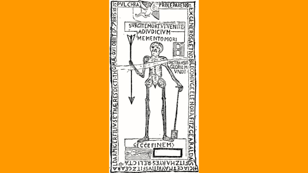 Drawing of a tomb with a Latin inscription running around the edge and various symbols carved in the middle, including an angel and a skeleton with a barbed dart in one hand and a spade in the other, standing over a recumbent figure in a shroud and an open grave.
