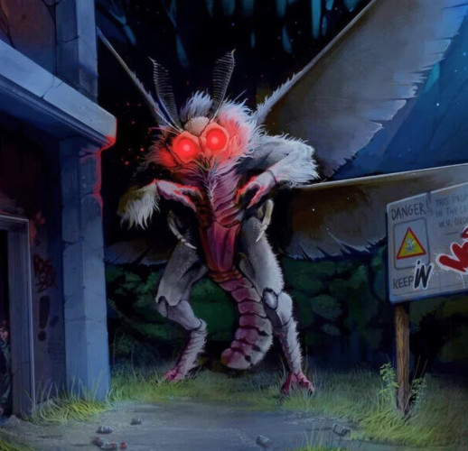 A white mothman with big red eyes outside at an abandoned looking place