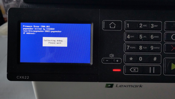 Lexmark CX622 printer

The screen is blue with the following white text:
Firmware Error [900.00]
pagemaker killed by SIGSEGV
/usr/bin/pagemaker:8083:pagemaker
IP Address: has been erased from the picture

There's a message box saying "Collecting debug... Please wait"