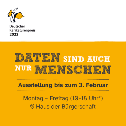 Plakat mit Werbung für den Deutschen Karikaturenpreis 2023. Das Plakat ist in den Farben gelb, weiß und schwarz. Links oben ist ein Bleistift mit Flügeln.