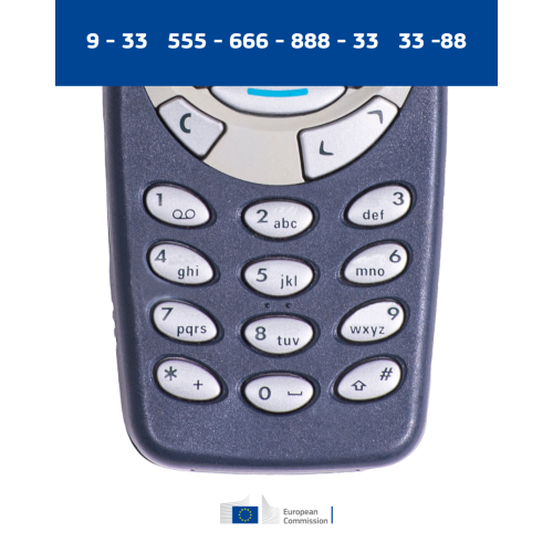 A photo of an old mobile phone, showing the keyboard where you have to press multiple times to write one letter. The visual also shows a code which spells "we love EU" if you type it the way of the old mobile phone.