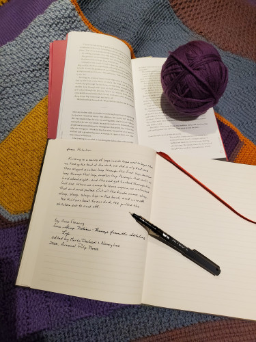 A handwritten transcription of an excerpt from the poetic essay Protection by Anne Fleming, from Essays from the Stitching Life, edited by Marita Dachsel & Nancy Lee, is visible in a notebook with an uncapped black pen resting on the page. The notebook sits on a colourful crocheted afghan work in progress with the essay collection, which has a ball of dark purple wool resting on it.