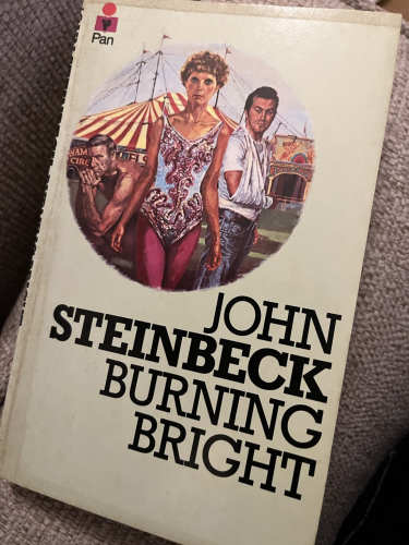 Front cover or Burning Bright picturing two men and a woman at a circus