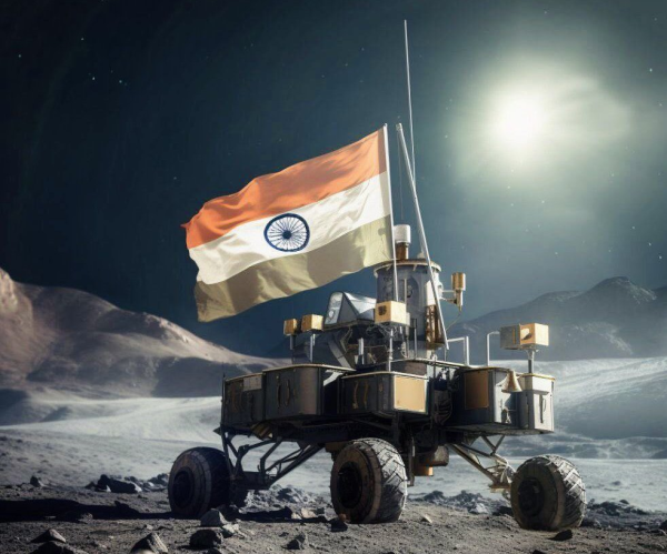 Vue d'artiste du rover Pragyan de la mission Chandrayaan 3 qui s'est posée à la surface de la Lune le 23 août 2023.