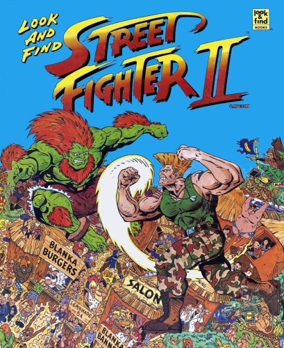 The English book cover of Look and Find Street Fighter II. The background is a jungle village scene with some of the Street Fighter characters (Dee Jay, E. Honda, Chun-Li, Dhalsim, Balrog), and in the foreground is Guile upper-cutting Blanka.