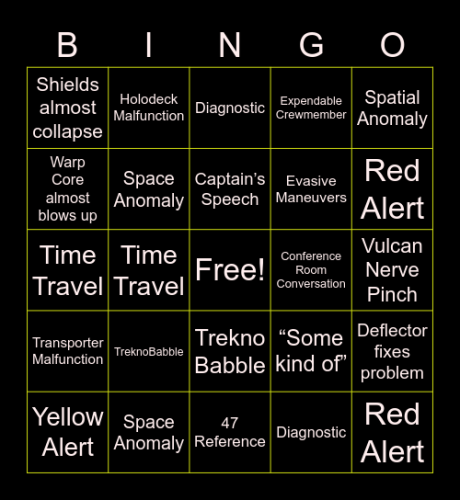 Star Trek Bingo board with common Trek themes. 