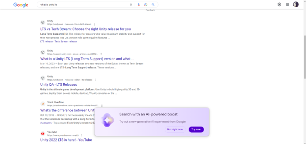 Google search for "what is unity lts". At the bottom is a purple popup saying "Search with an AI-powered boost… try out a new generative AI experiment from Google"