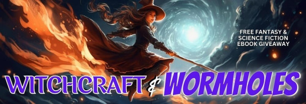 Header for the BookFunnel promotion and book giveaway Witchcraft & Wormholes.

It shows a witch with a flowing skirt and a fancy hat, riding a broom and pointing her wand, on a background dominated by fire, clouds and a glowing spiral that could be a wormhole. 
