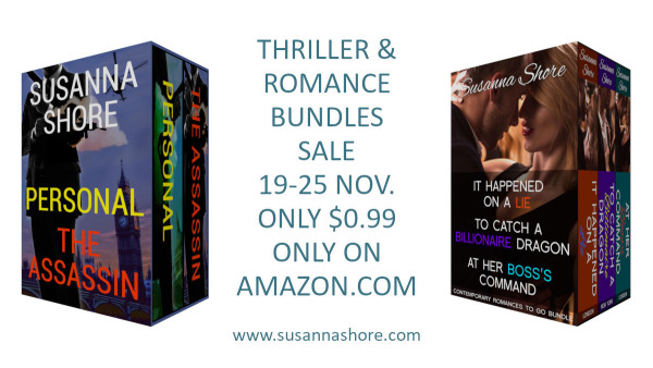 Ad for two book bundles, with the pictures of the books and a text: Thriller & romance bundles sale 19-25 Nov., only $0.99, only on amazon.com.