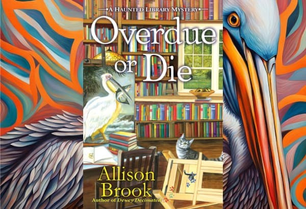 Cover art showing a library with a painting of an American White Pelican holding a fish. A gray cat sits on an easel.