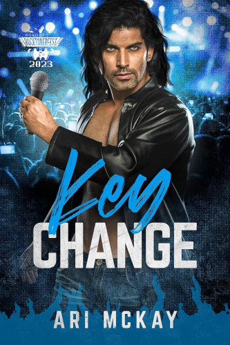 Cover - Key Change by Ari McKay - Handsome white rocker in his thirties with long dark hair and stubble, in a black leather jacket open to tge waist, holding a mike and looking at the viewer intently, blue crowd in the background