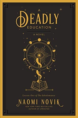 A picture of the book cover for A Deadly Education. It's a simplistic, dark design with yellow letters. A drawn book is in the middle with a magic eye appearing above it.