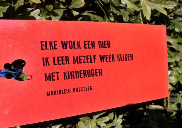 a tanzuka, a haiku printed on an orange coloured piece of paper in Dutch. 