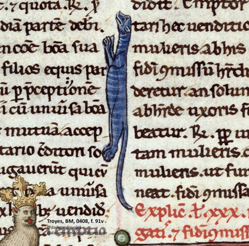 Picture from a medieval manuscript: A blue cat between two columns of text