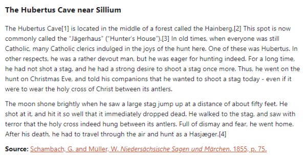 German folk tale "The Hubertus Cave near Sillium". Drop me a line if you want a machine-readable transcript!
