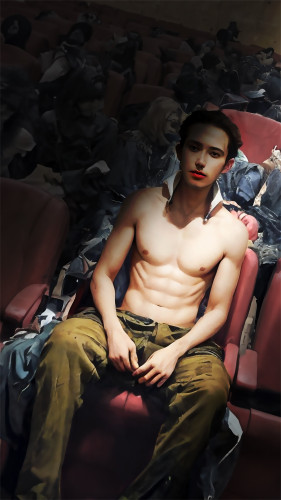 "In the Back Row..." Original digital image by author. A selfie of a shirtless late-20s white male sitting in a darkened theater seat, surrounded by indistinct human bodies.