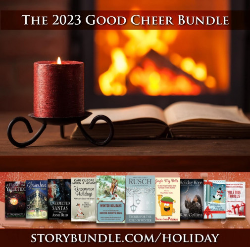 The Good Cheer Bundle. Picture of a fire, candle, and book. Below is a row of ten holiday book covers.