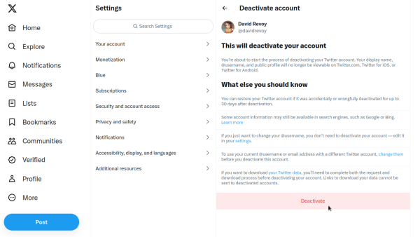 A screenshot of the 'Deactivating' screen on Twitter/X's Settings. It is filled with my profile. It was shot just before clicking the 'Deactivate' button.