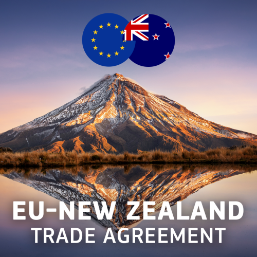 A photo of Mount Taranaki in New Zealand. 

On top, the circle-shaped EU and New Zealand flags crossed together. 

At the bottom, the text "EU-New Zealand Trade Agreement."