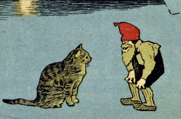 A cat and a red-capped nisse, who is just a little bigger than the cat, size one another up.