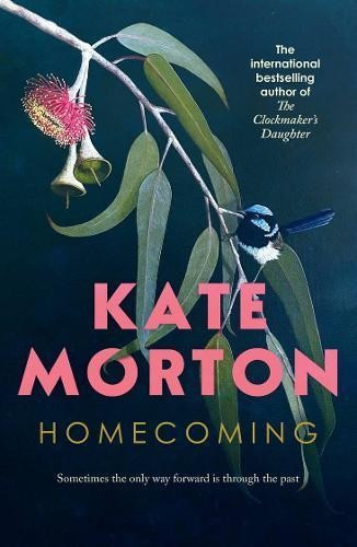 image of the book choice for Homecoming by Kate Morton. A stylised spray of gum with a pink flower and grey green leaves on a dark background