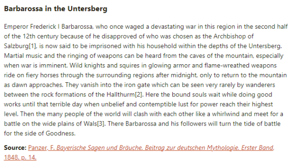 German folk tale "Barbarossa in the Untersberg". Drop me a line if you want a machine-readable transcript!