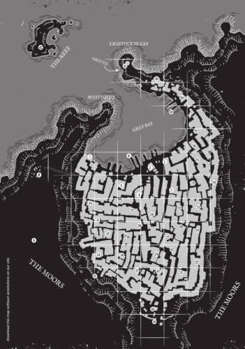 Low-res black and white map of the coastal city of Nijmauwrgen.