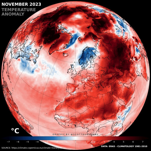 A map of Earth, showing the high temperatures measured in November 2023.