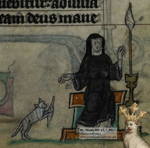 Picture from a medieval manuscript: A cat helps a nun by holding a spindle