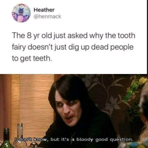 Text above picture: "The 8 yr old just asked why the tooth fairy doesn't just dig up dead people to get teeth."
Picture of Noel Fielding, pondering, with caption, "I don't know, but it's a bloody good question."