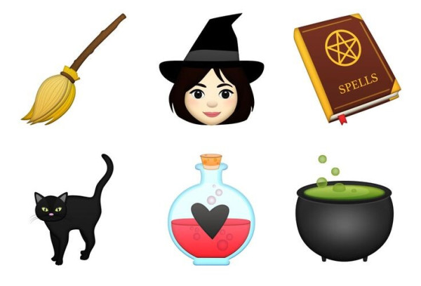 A set of six witchy emojis. From top left to bottom right: A broom, a pale black-haired human wearing a black witch hat, a book titled "spells" with a pentagram on it, a black cat, a round, corked bottle with a black heart on it containing a red liquid, a black cauldron with a green, bubbling liquid inside.