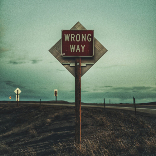 An open rural landscape, a dusk sky in the background, a sign that says "wrong way".