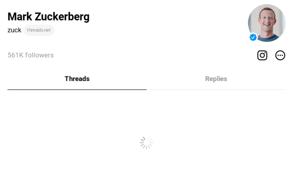 A screenshot of Mark Zuckerberg's profile in Threads showing that it's not able to load.